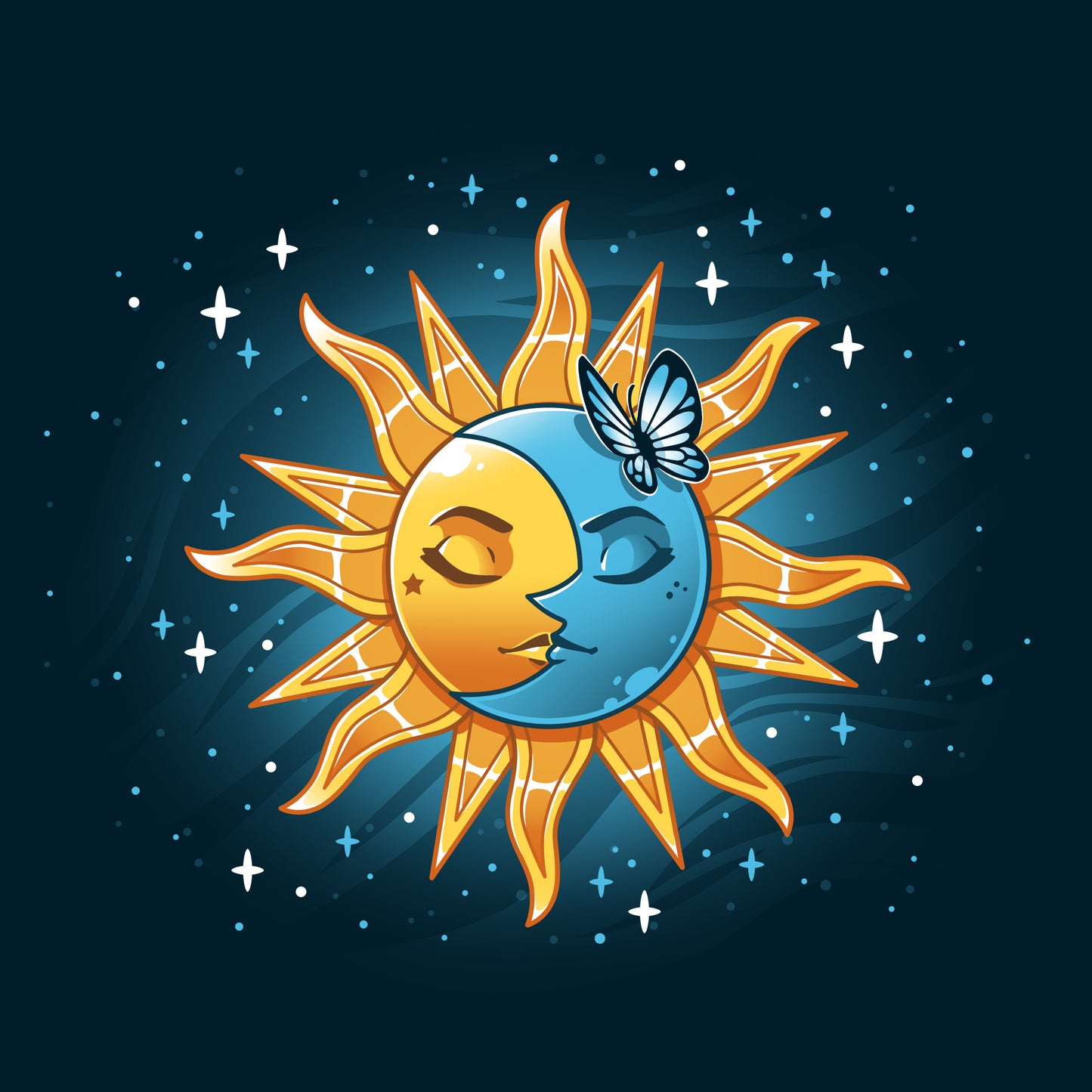 A navy blue Celestial Duo T-shirt featuring a sun and moon design with a butterfly by TeeTurtle.