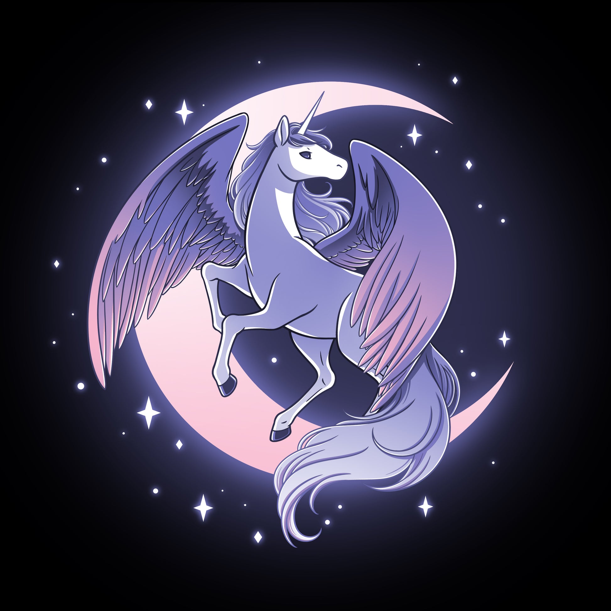 A beautiful Celestial Winged Unicorn gracefully sitting on a crescent, surrounded by twinkling stars in the background. This stunning image would make an eye-catching design for a TeeTurtle T-shirt.