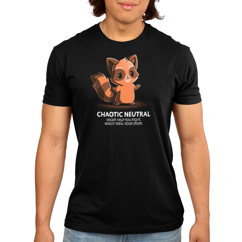 A black Chaotic Neutral t-shirt with an orange raccoon on it made from ringspun cotton by TeeTurtle.