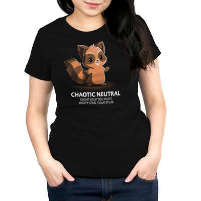 Premium Cotton T-shirt_TeeTurtle black Chaotic Neutral featuring an illustration of a raccoon with a caption "Chaotic Neutral. Might help you fight. Might steal your stuff." The raccoon has a smug expression and stands against a dark background.