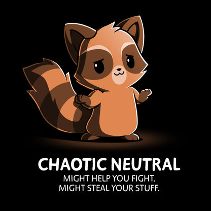 A wild card raccoon wearing a TeeTurtle Chaotic Neutral t-shirt may aid in battle and potentially pilfer belongings, embracing a chaotic neutral nature.