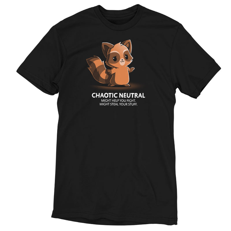 A Chaotic Neutral black t-shirt with a TeeTurtle wild card raccoon design.