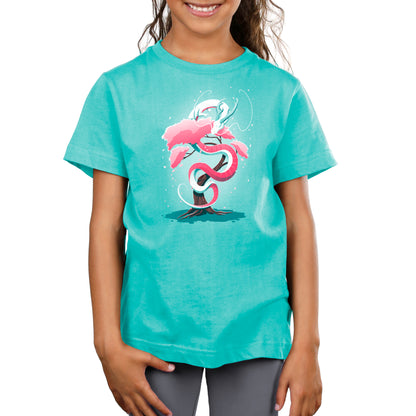 A girl wearing a TeeTurtle Cherry Blossom Dragon t-shirt with an image of a snake on it.