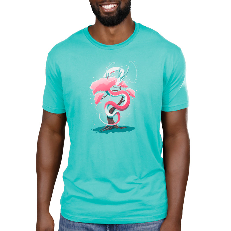 A man wearing a Cherry Blossom Dragon t-shirt by TeeTurtle.