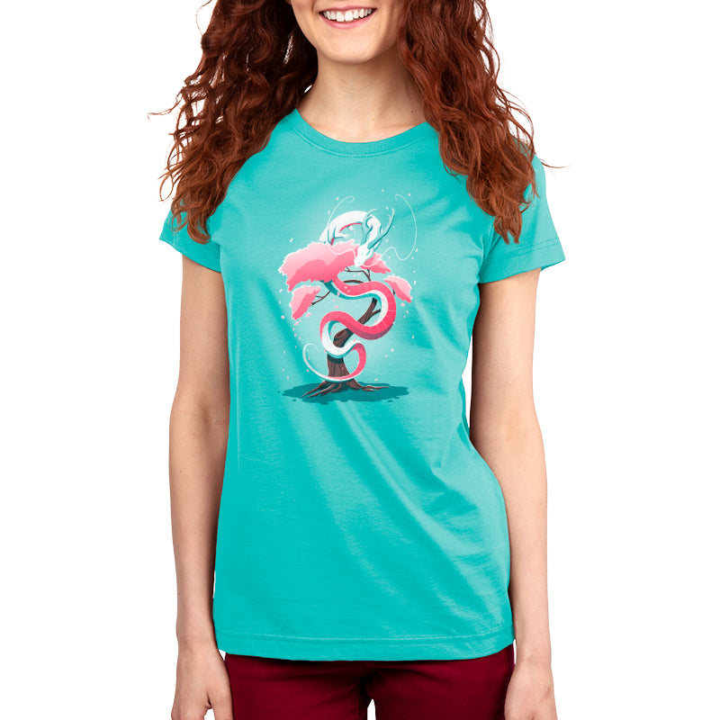 A TeeTurtle Cherry Blossom Dragon women's t-shirt with an image of a flamingo in Caribbean blue.