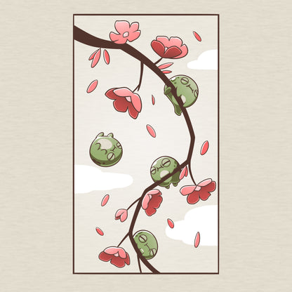 A picture of a tree adorned with beautiful TeeTurtle Cherry Blossom Frogs.