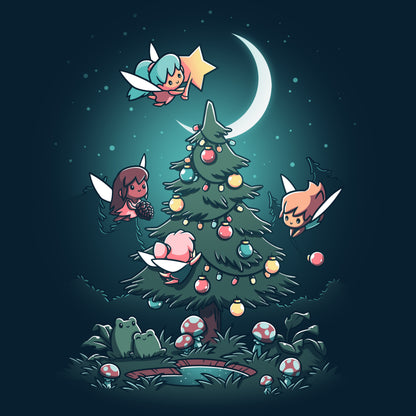 A navy blue Christmas Fairies t-shirt with Christmas Fairies flying around a Christmas tree, inspired by TeeTurtle.