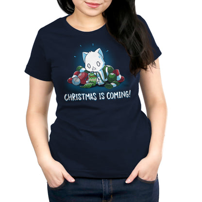 Navy blue Christmas t-shirt for women, called "Christmas is Coming!" by TeeTurtle.