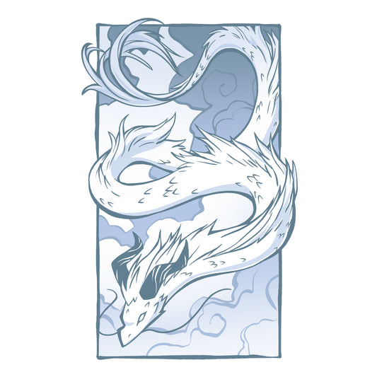 A drawing of a white guardian Cloud Dragon on a blue cotton TeeTurtle T-shirt.