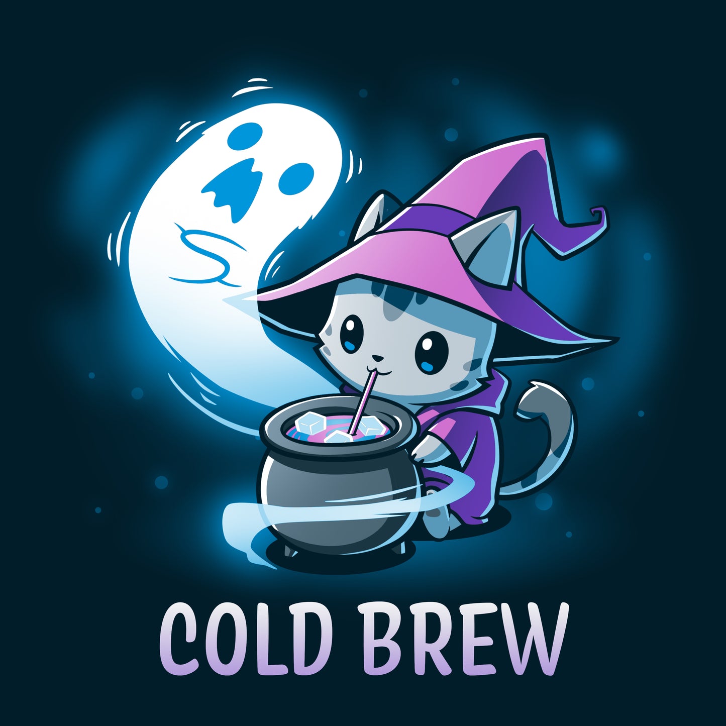 A TeeTurtle T-shirt with a cat in a navy blue witch hat, sipping on Cold Brew.
