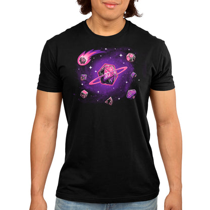 A man wearing a black t-shirt with a purple Cosmic Dice design reminiscent of outer space by TeeTurtle.