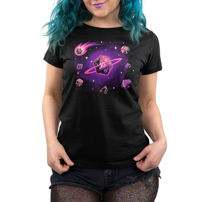 A woman wearing a black t-shirt with a pink and purple Cosmic Dice design explores outer space.