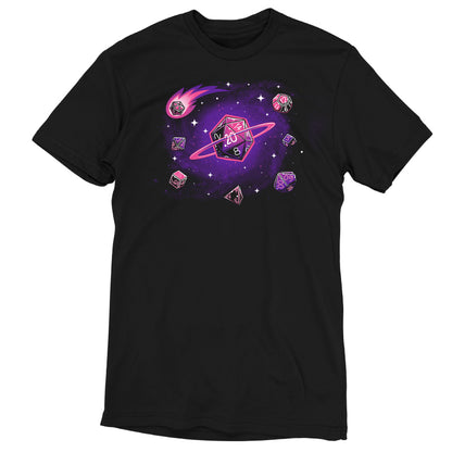 A Cosmic Dice black t-shirt with a pink and purple design inspired by outer space from TeeTurtle.