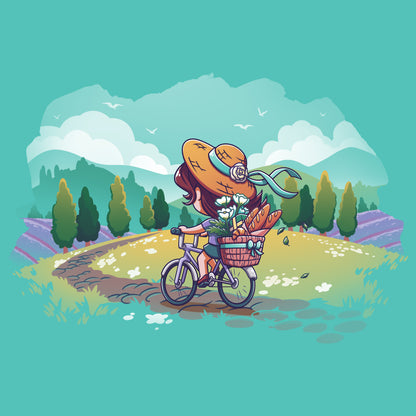 A girl embracing cottagecore aesthetics rides a TeeTurtle Countryside Biking bicycle with a loose-fitting outfit, carrying a basket of vegetables.