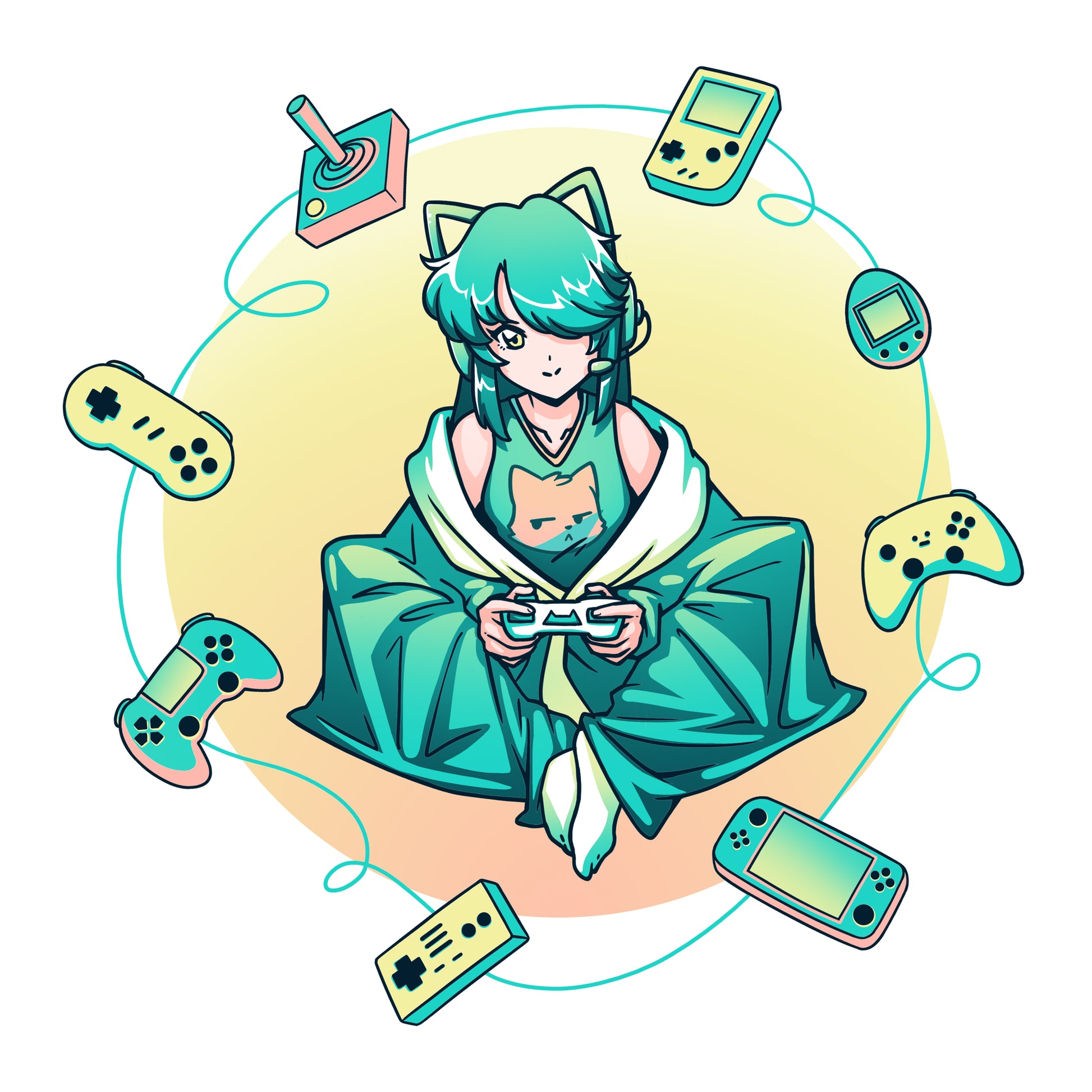 Anime-style character with teal hair and cat ears sitting while holding a game controller, surrounded by various gaming devices and accessories. She's wearing a Cozy Gamer Girl t-shirt made of super soft ringspun cotton from monsterdigital.