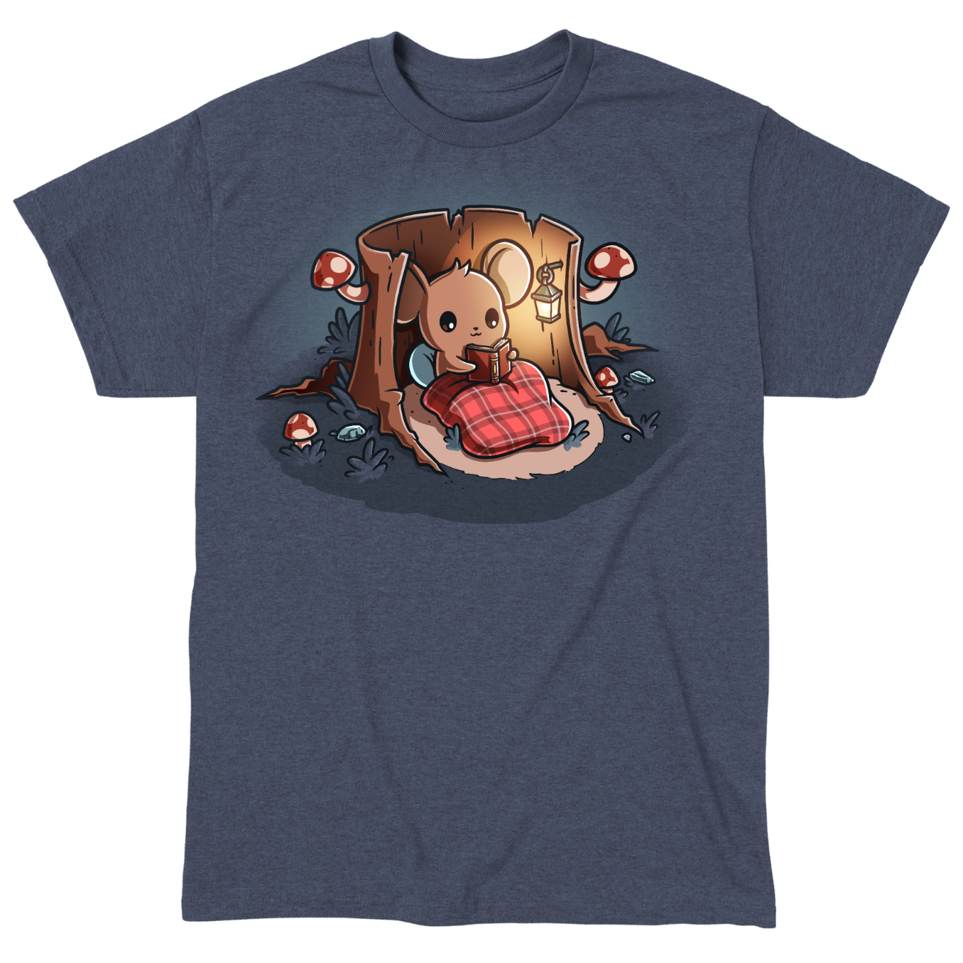 Classic Cotton T-shirt_TeeTurtle heathered blue Cozy Reading Nook Classic Cotton T-shirt featuring a cozy little mouse reading a book under a red plaid blanket inside a hollow tree stump illuminated by a hanging lantern and surrounded by mushrooms.
