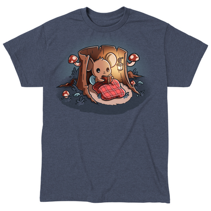 Classic Cotton T-shirt_TeeTurtle heathered blue Cozy Reading Nook Classic Cotton T-shirt featuring a cozy little mouse reading a book under a red plaid blanket inside a hollow tree stump illuminated by a hanging lantern and surrounded by mushrooms.