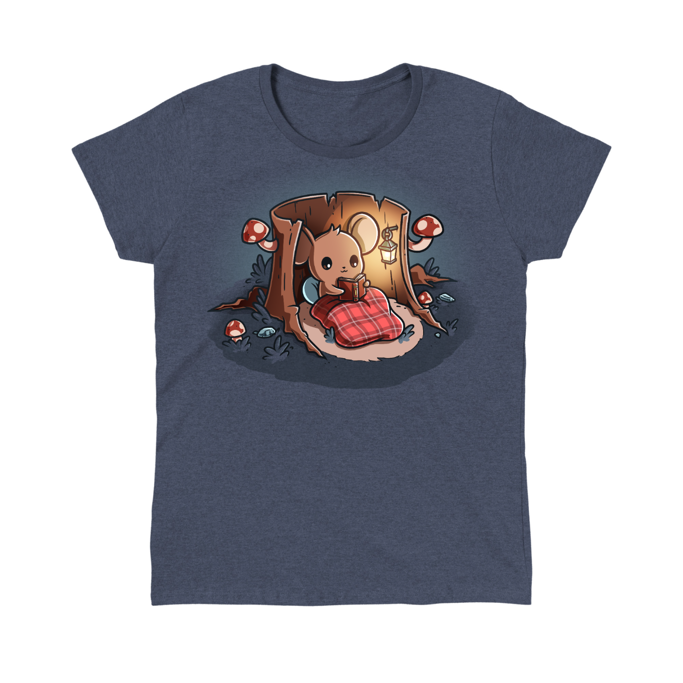 Classic Cotton T-shirt_TeeTurtle heathered blue Cozy Reading Nook Classic Cotton T-shirt featuring a cozy little mouse reading a book under a red plaid blanket inside a hollow tree stump illuminated by a hanging lantern and surrounded by mushrooms.