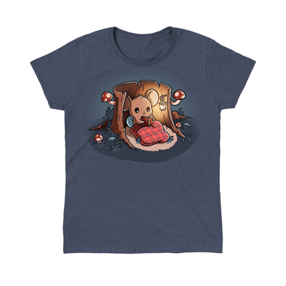 Classic Cotton T-shirt_TeeTurtle heathered blue Cozy Reading Nook Classic Cotton T-shirt featuring a cozy little mouse reading a book under a red plaid blanket inside a hollow tree stump illuminated by a hanging lantern and surrounded by mushrooms.