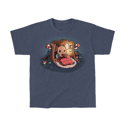 Classic Cotton T-shirt_TeeTurtle heathered blue Cozy Reading Nook Classic Cotton T-shirt featuring a cozy little mouse reading a book under a red plaid blanket inside a hollow tree stump illuminated by a hanging lantern and surrounded by mushrooms.