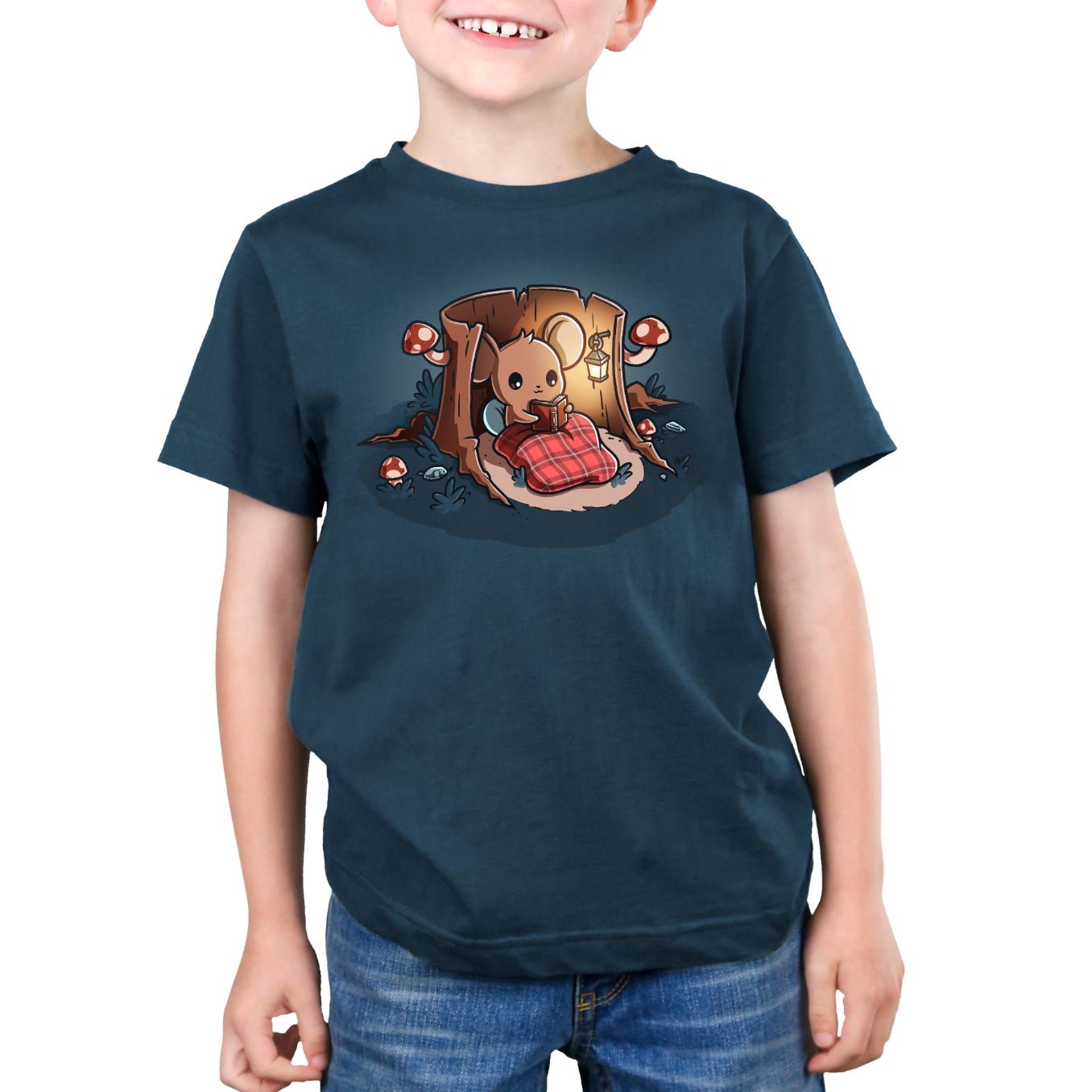 Premium Cotton T-shirt_TeeTurtle heathered blue Cozy Reading Nook Premium Cotton T-shirt featuring a cozy little mouse reading a book under a red plaid blanket inside a hollow tree stump illuminated by a hanging lantern and surrounded by mushrooms.