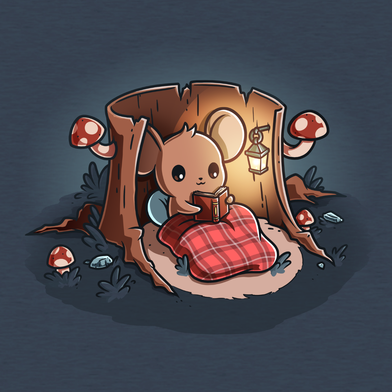 Premium Cotton T-shirt_TeeTurtle heathered blue Cozy Reading Nook Premium Cotton T-shirt featuring a cozy little mouse reading a book under a red plaid blanket inside a hollow tree stump illuminated by a hanging lantern and surrounded by mushrooms.