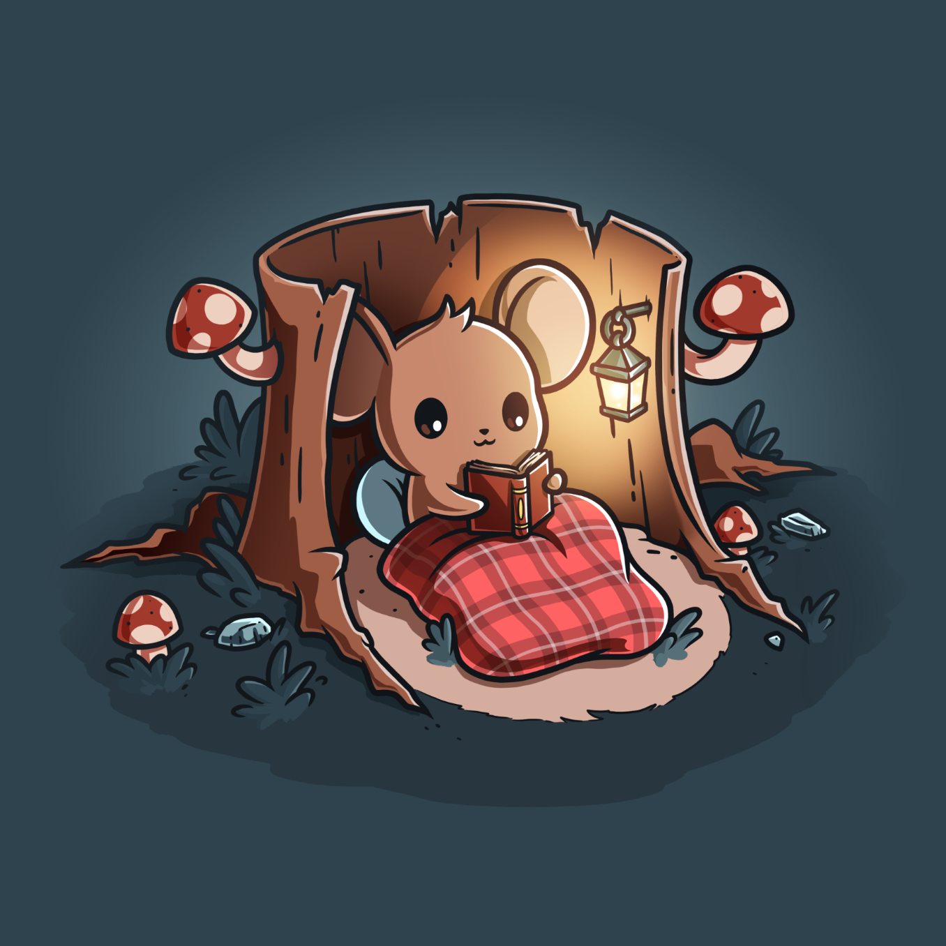 Classic Cotton T-shirt_TeeTurtle heathered blue Cozy Reading Nook Classic Cotton T-shirt featuring a cozy little mouse reading a book under a red plaid blanket inside a hollow tree stump illuminated by a hanging lantern and surrounded by mushrooms.