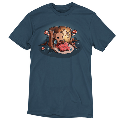 Premium Cotton T-shirt_TeeTurtle heathered blue Cozy Reading Nook Premium Cotton T-shirt featuring a cozy little mouse reading a book under a red plaid blanket inside a hollow tree stump illuminated by a hanging lantern and surrounded by mushrooms.