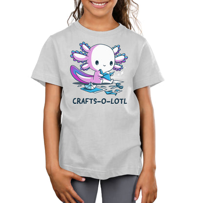 A girl wearing a TeeTurtle T-shirt that says Crafts-o-lotl.