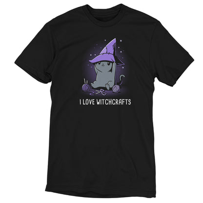 A Crafty Kitty black T-shirt with a TeeTurtle witchcrafts-inspired design.