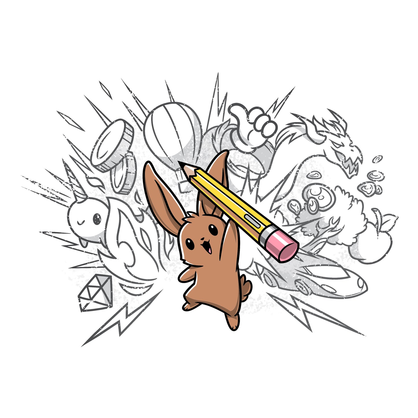 This image of a Creative Doodlebunny from TeeTurtle holding a pencil perfectly captures the essence of self-expression. Whether finding comfort in art or simply looking for a trendy graphic tee, this adorable design is sure to please.