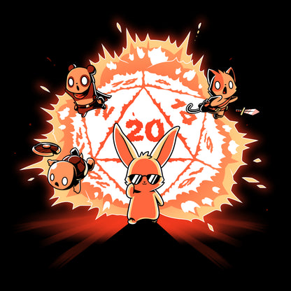 A TeeTurtle Critical Hit t-shirt featuring a teddy bear and a bunny in comfortable embrace with a fireball in the background.