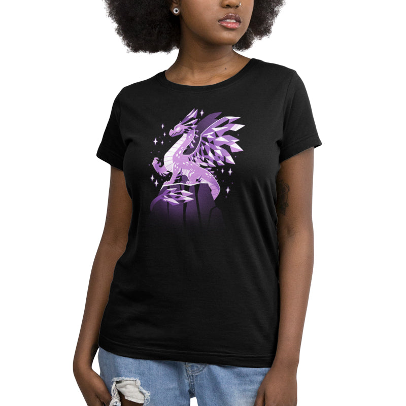 A women's black t-shirt with a purple feather from the Crystal Dragon collection by TeeTurtle.
