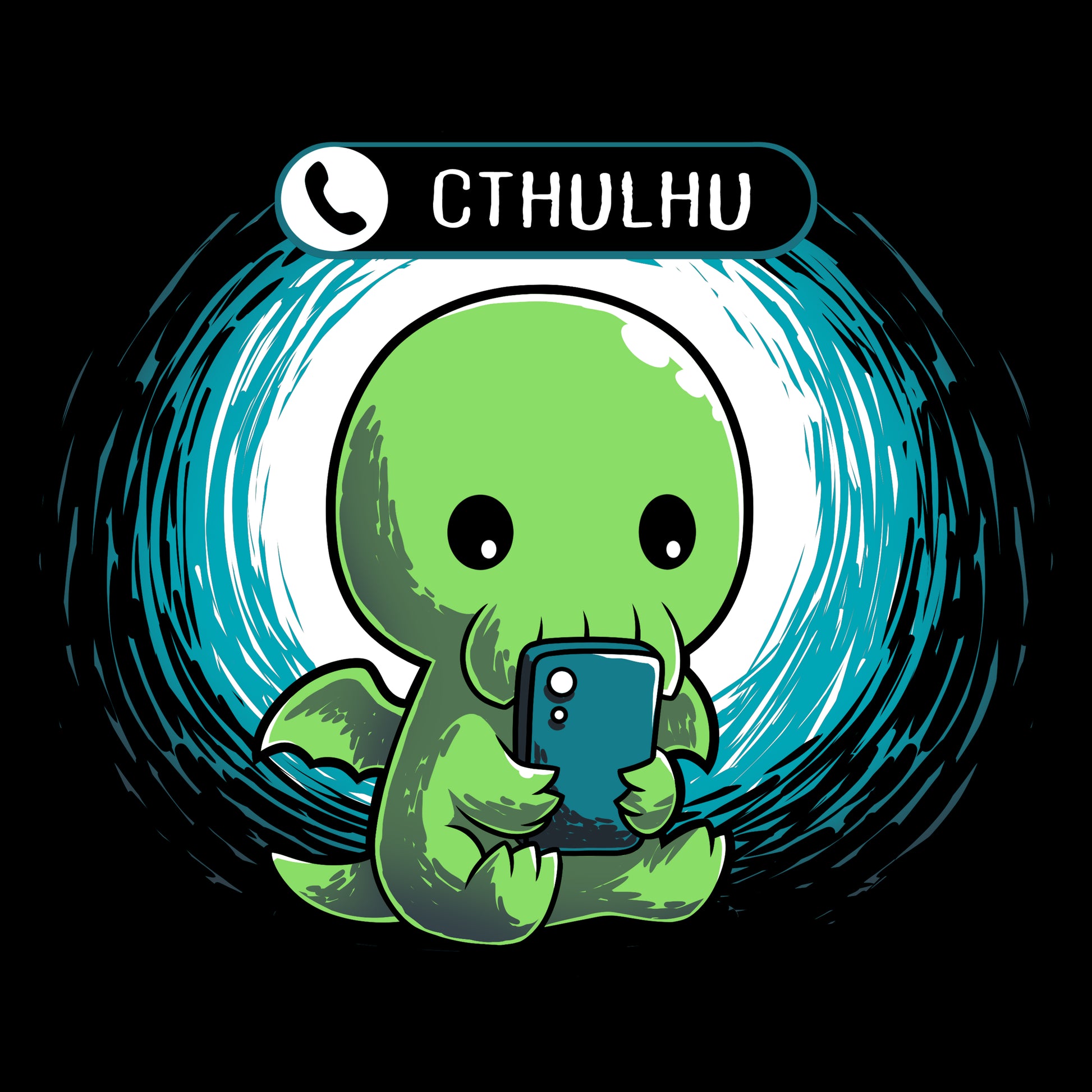 A black t-shirt featuring a cartoon Cthulhu holding a cell phone called "Cthulhu Calling" by TeeTurtle.
