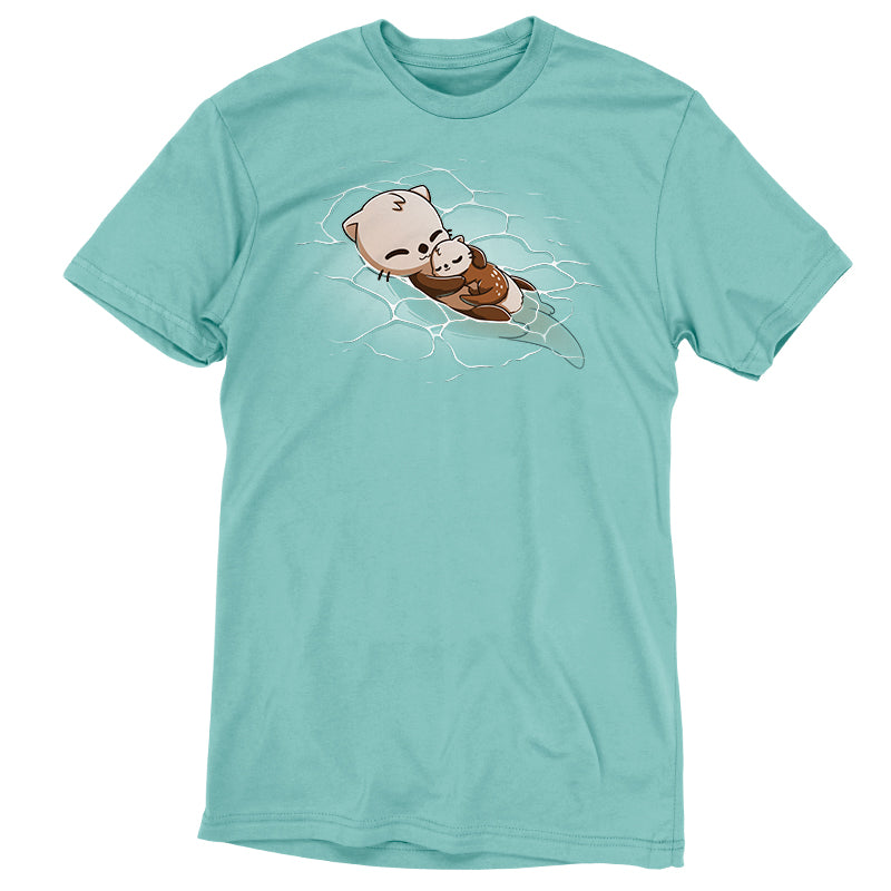 An adorable Cuddly Otters t-shirt with an image of an otter on a surfboard by TeeTurtle.
