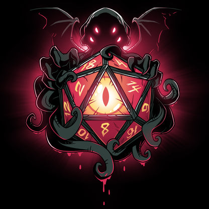 An image of a D20 Cthulhu with a dragon on it in a Lovecraftian horrors style by TeeTurtle.