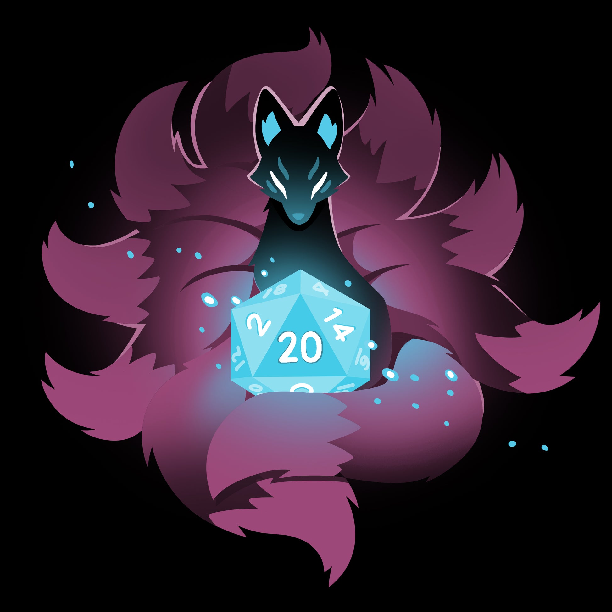 An image of a TeeTurtle D20 Kitsune featuring a fox rolling a blue d20, representing rolling opportunities.
