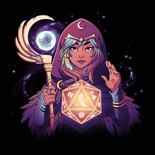 A D20 Mage enchantress holding a wand with a moon in the background, featured on a TeeTurtle T-shirt made of Ringspun Cotton.