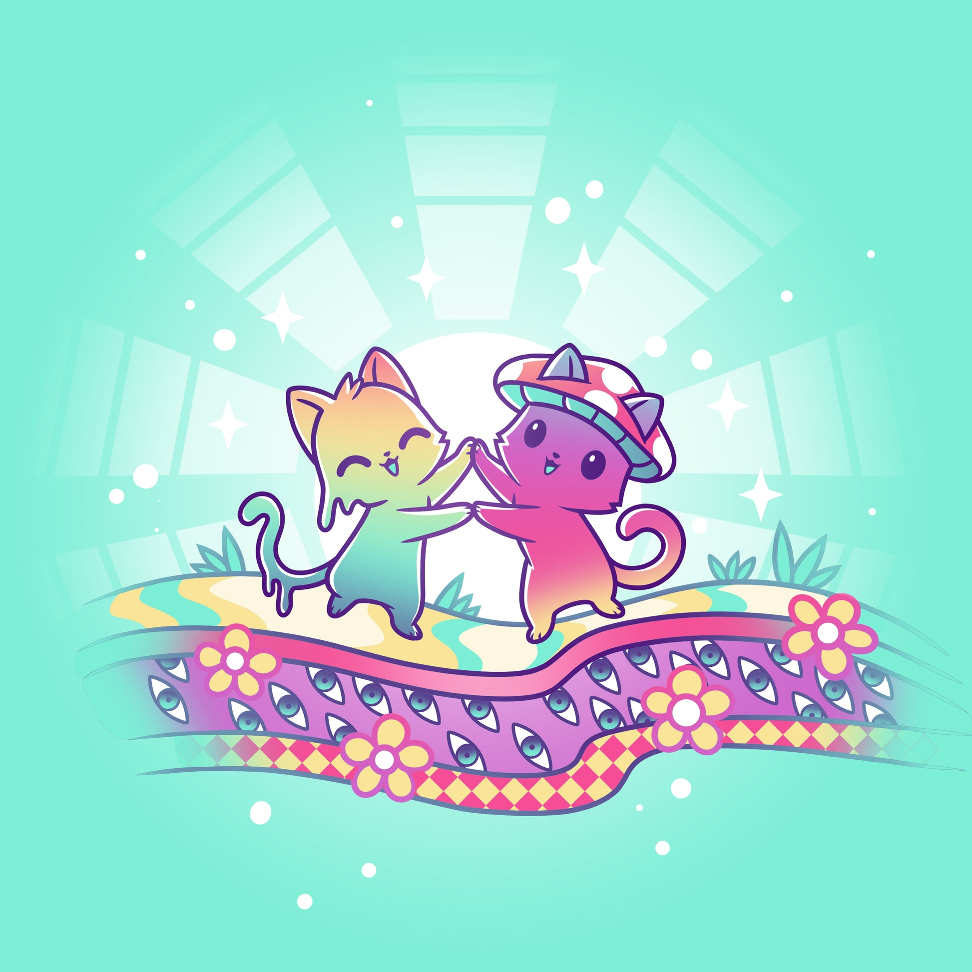 Two TeeTurtle Dancing Cats are dancing on a colorful background.