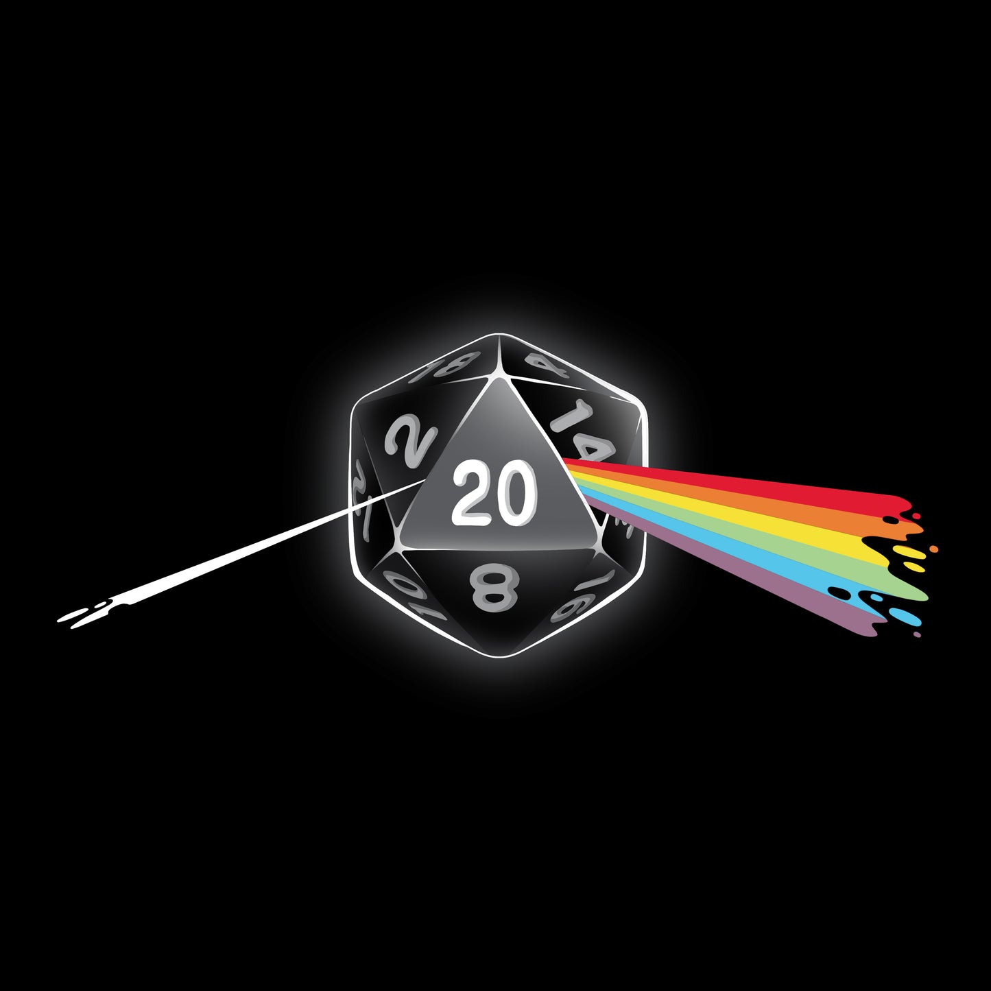 A roll of a Dark Side of the D20 with the number 20 on it, featured on a TeeTurtle t-shirt.