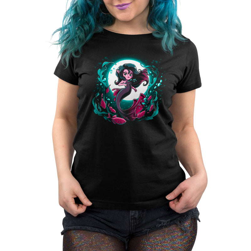 Premium Cotton T-shirt_TeeTurtle Shadow Siren black t-shirt featuring a dark and dangerous mermaid in front of a full moon with fish and seaweed around her.