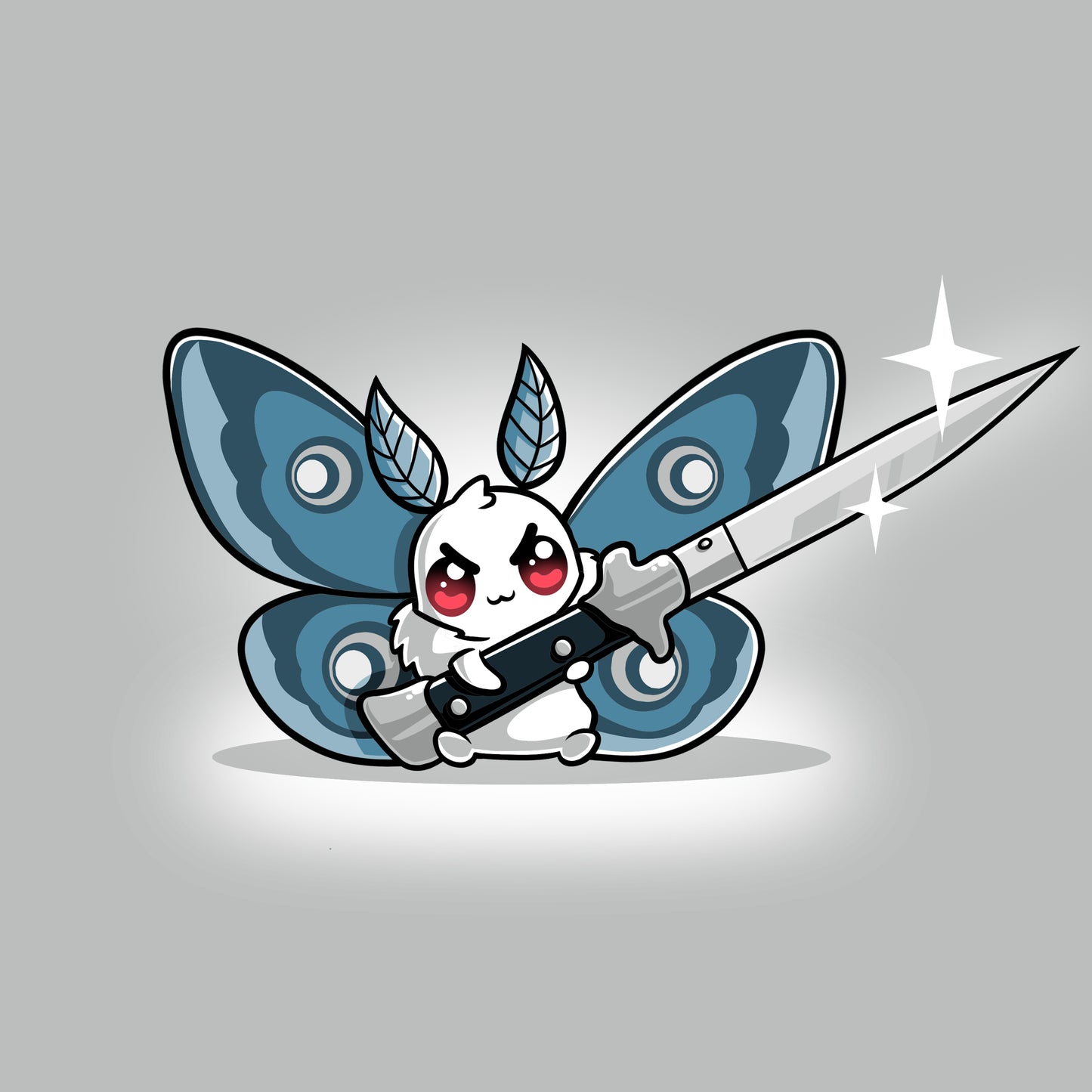 A Deadly Moth cartoon butterfly holding a sword on a gray background. Brand: TeeTurtle.