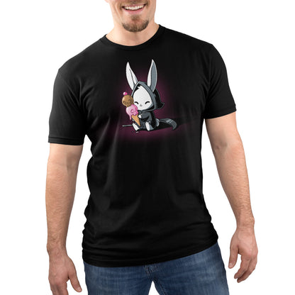 A man wearing a black t-shirt with an image of Death By Ice Cream holding an ice cream cone from TeeTurtle.