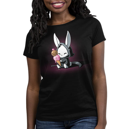 A black women's Death By Ice Cream t-shirt with an image of a bunny - TeeTurtle original.