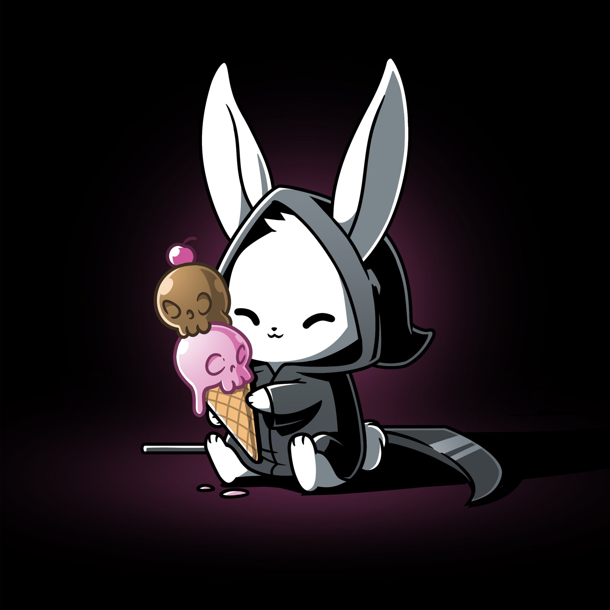 A TeeTurtle Death By Ice Cream featuring a bunny holding an ice cream cone on a dark background.