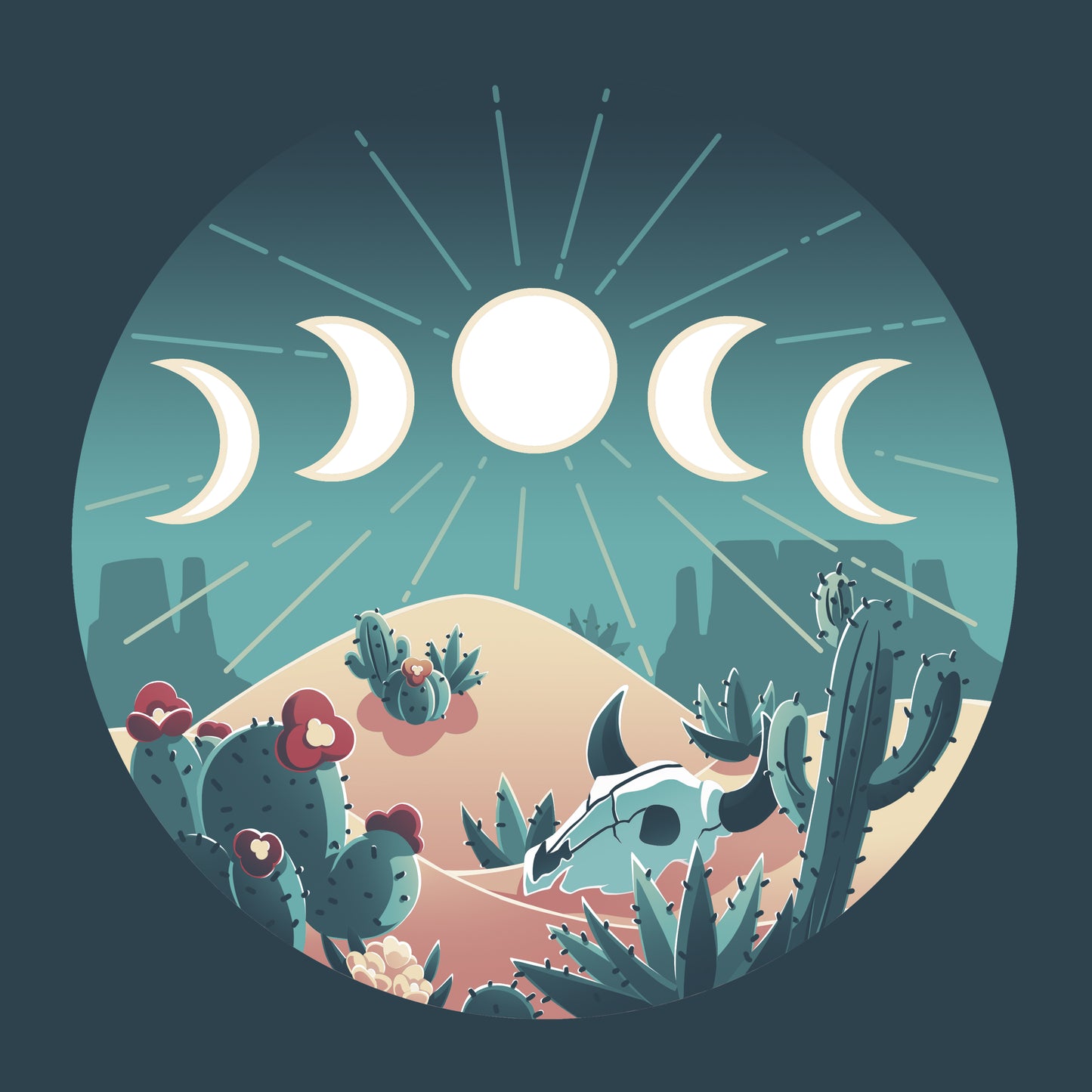 A Desert Moons scene with cactus plants and a cow, perfect for stargazing or wearing on a TeeTurtle t-shirt.