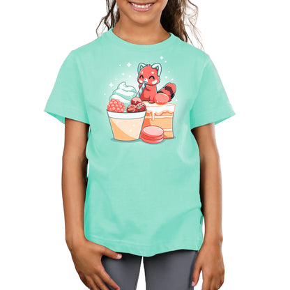 A TeeTurtle girl wearing a Dessert First TeeTurtle T-shirt with an image of a fox and cupcakes.