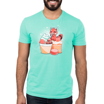 A man wearing a t-shirt with a raccoon and ice cream indulges in Dessert First from TeeTurtle.