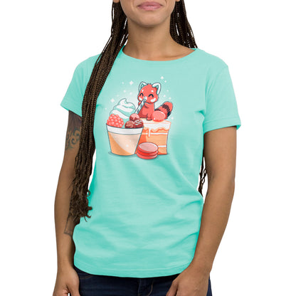 A TeeTurtle Dessert First women's t-shirt featuring a fox enjoying a cup of ice cream.