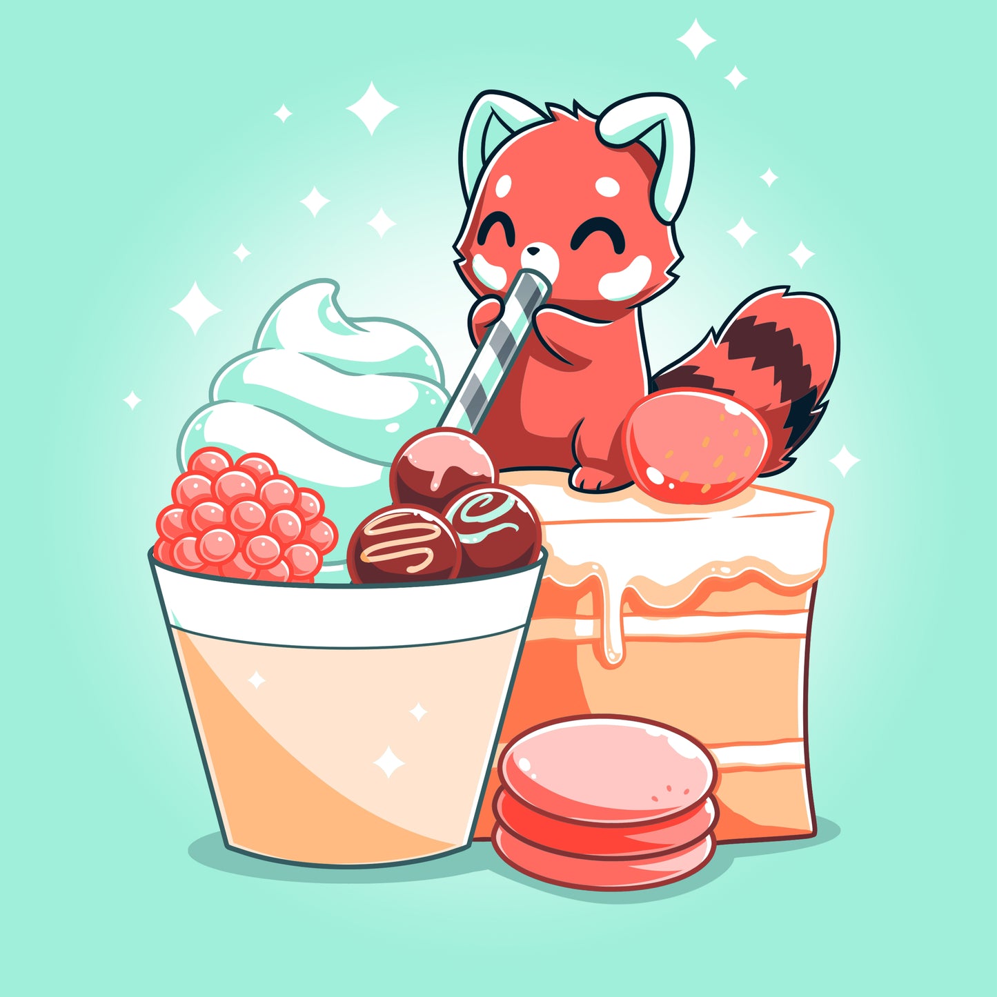 A cartoon fox sitting next to a cup of Dessert First ice cream on a TeeTurtle t-shirt.